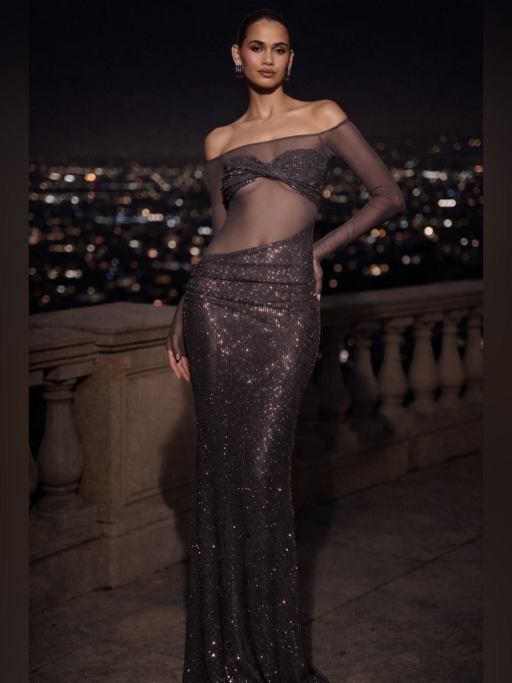 New Meshki Nash Diamante Off Shoulder Maxi Dress – Gunmetal – Size XXL (US 12)